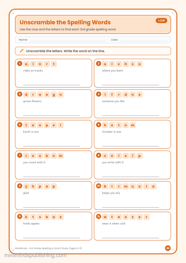 Unscramble the Spelling Words — free printable 3rd Grade spelling & word study worksheet for ages 8-9 (Common Core L.3.2f)