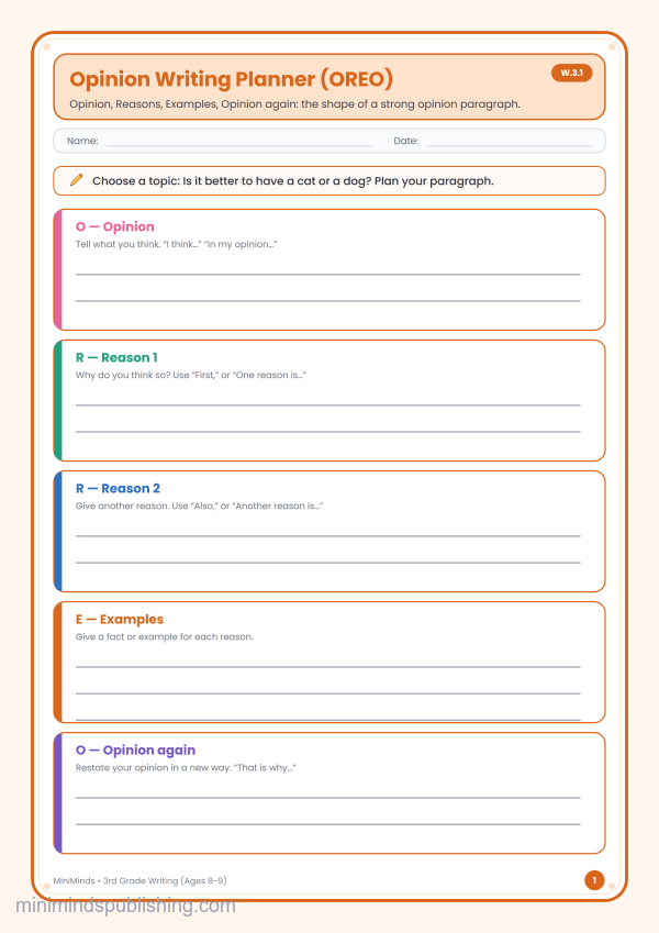 Opinion Writing Planner (OREO) — free printable 3rd Grade writing worksheet for ages 8-9 (Common Core W.3.1)