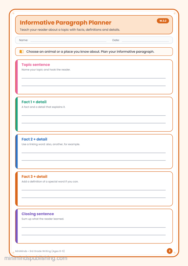Informative Paragraph Planner — free printable 3rd Grade writing worksheet for ages 8-9 (Common Core W.3.2)