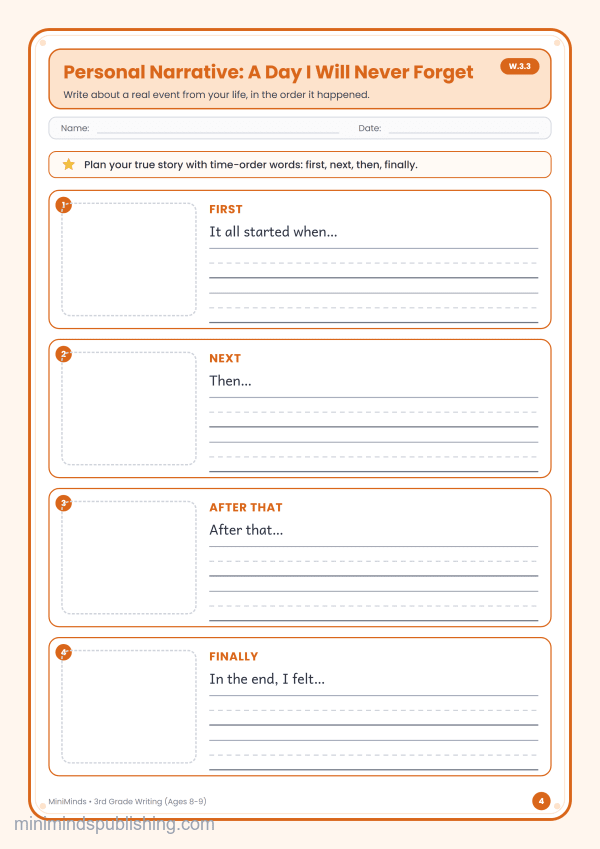 Personal Narrative: A Day I Will Never Forget — free printable 3rd Grade writing worksheet for ages 8-9 (Common Core W.3.3)