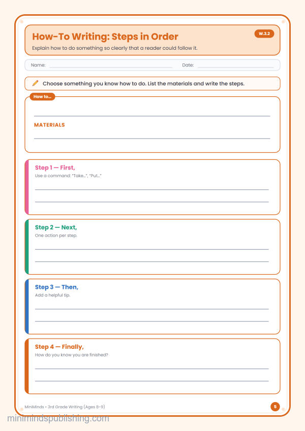 How-To Writing: Steps in Order — free printable 3rd Grade writing worksheet for ages 8-9 (Common Core W.3.2)