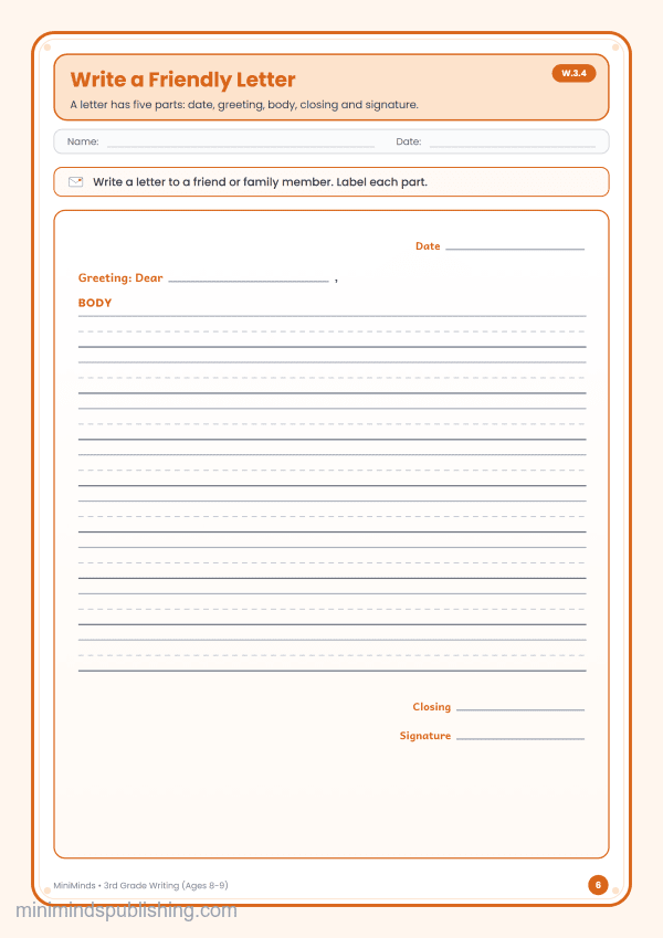 Write a Friendly Letter — free printable 3rd Grade writing worksheet for ages 8-9 (Common Core W.3.4)