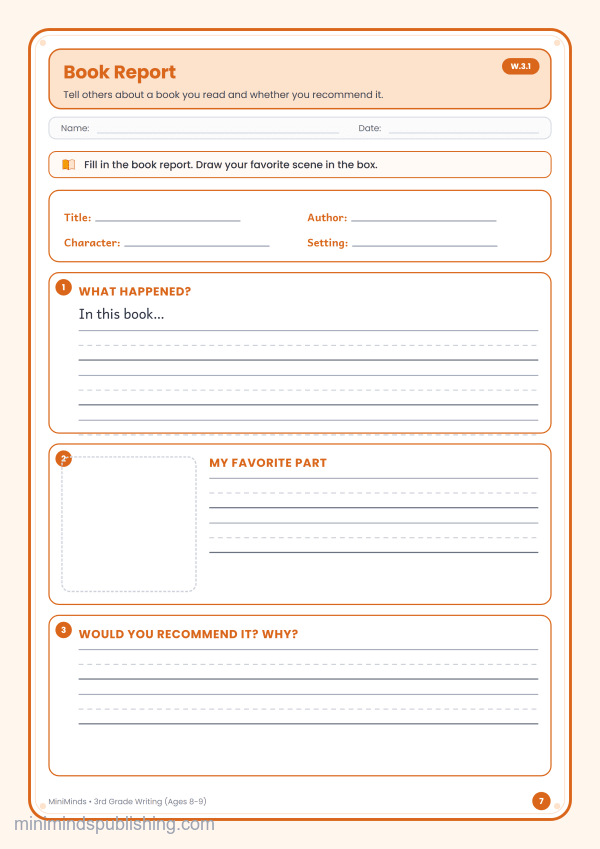 Book Report — free printable 3rd Grade writing worksheet for ages 8-9 (Common Core W.3.1)
