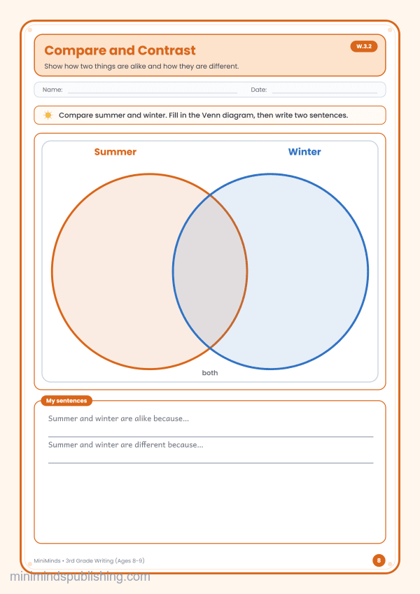 Compare and Contrast — free printable 3rd Grade writing worksheet for ages 8-9 (Common Core W.3.2)