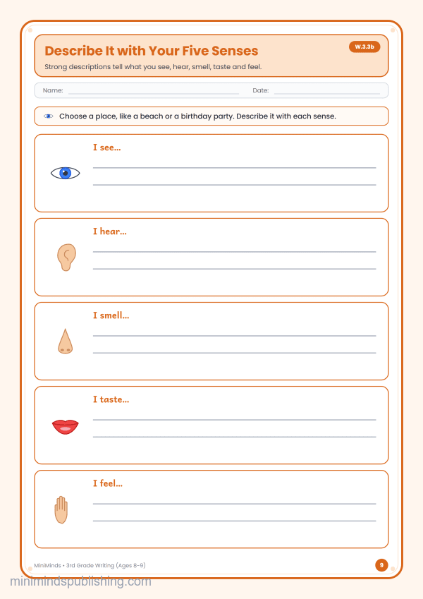 Describe It with Your Five Senses — free printable 3rd Grade writing worksheet for ages 8-9 (Common Core W.3.3b)