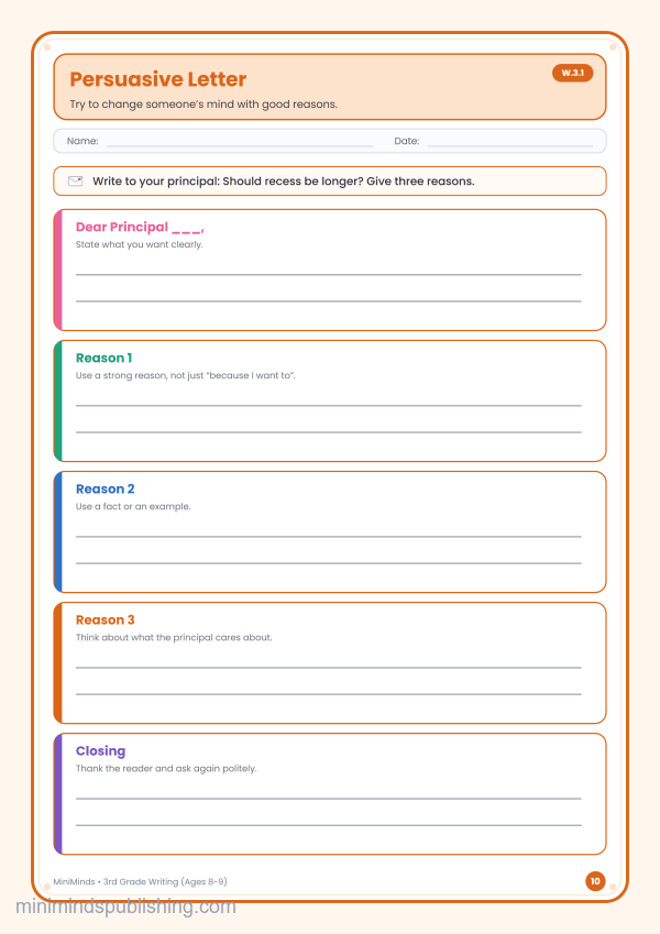 Persuasive Letter — free printable 3rd Grade writing worksheet for ages 8-9 (Common Core W.3.1)
