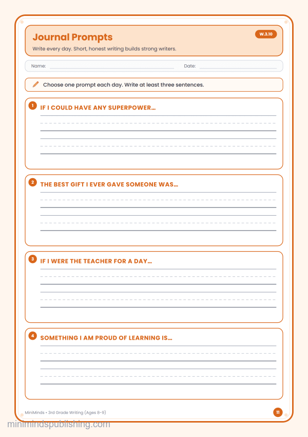 Journal Prompts — free printable 3rd Grade writing worksheet for ages 8-9 (Common Core W.3.10)