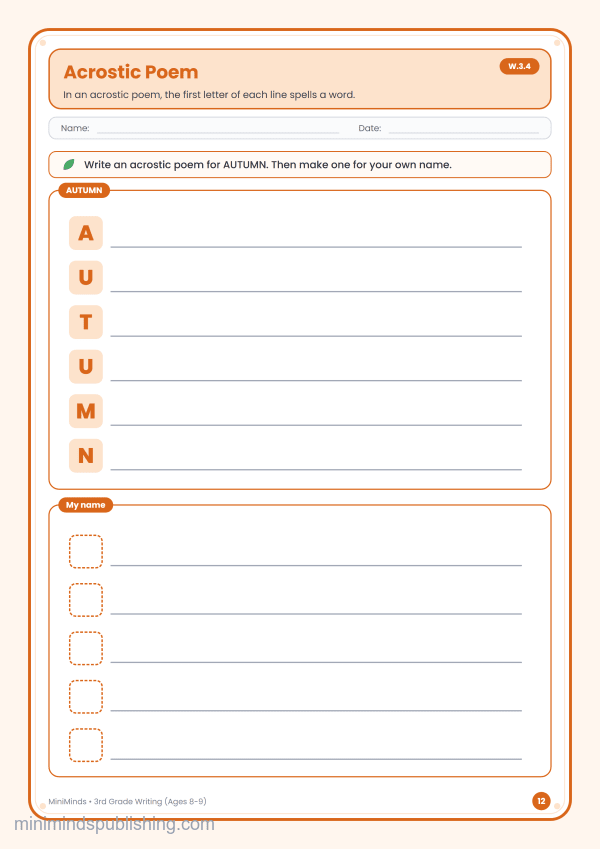 Acrostic Poem — free printable 3rd Grade writing worksheet for ages 8-9 (Common Core W.3.4)