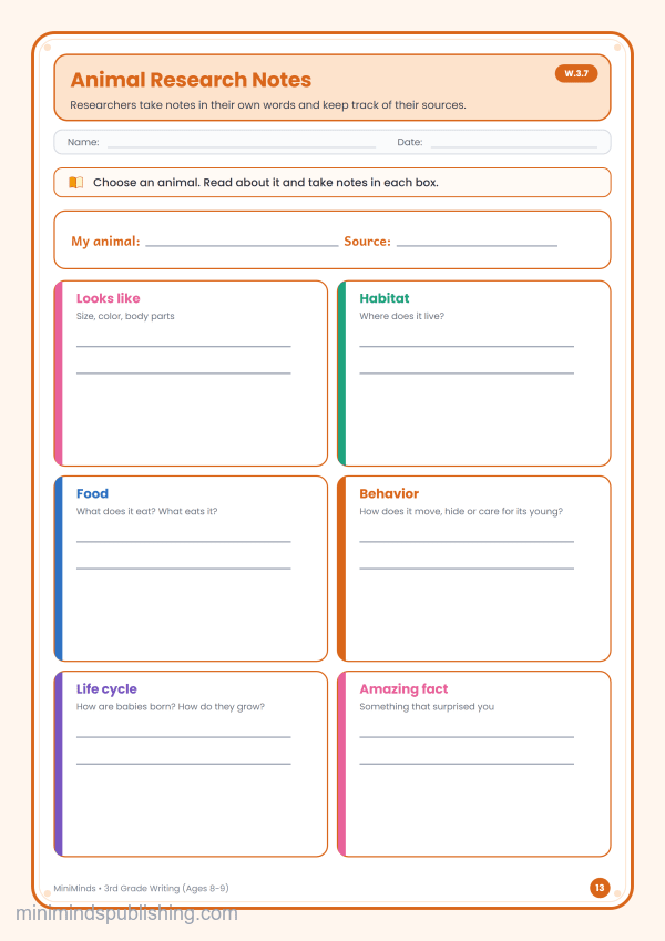 Animal Research Notes — free printable 3rd Grade writing worksheet for ages 8-9 (Common Core W.3.7)