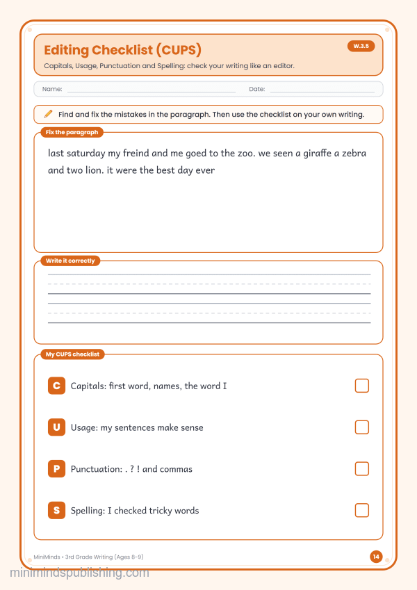 Editing Checklist (CUPS) — free printable 3rd Grade writing worksheet for ages 8-9 (Common Core W.3.5)