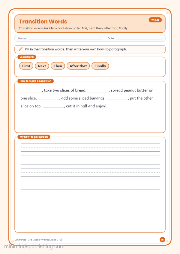 Transition Words — free printable 3rd Grade writing worksheet for ages 8-9 (Common Core W.3.2c)