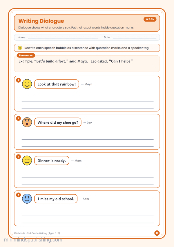 Writing Dialogue — free printable 3rd Grade writing worksheet for ages 8-9 (Common Core W.3.3b)