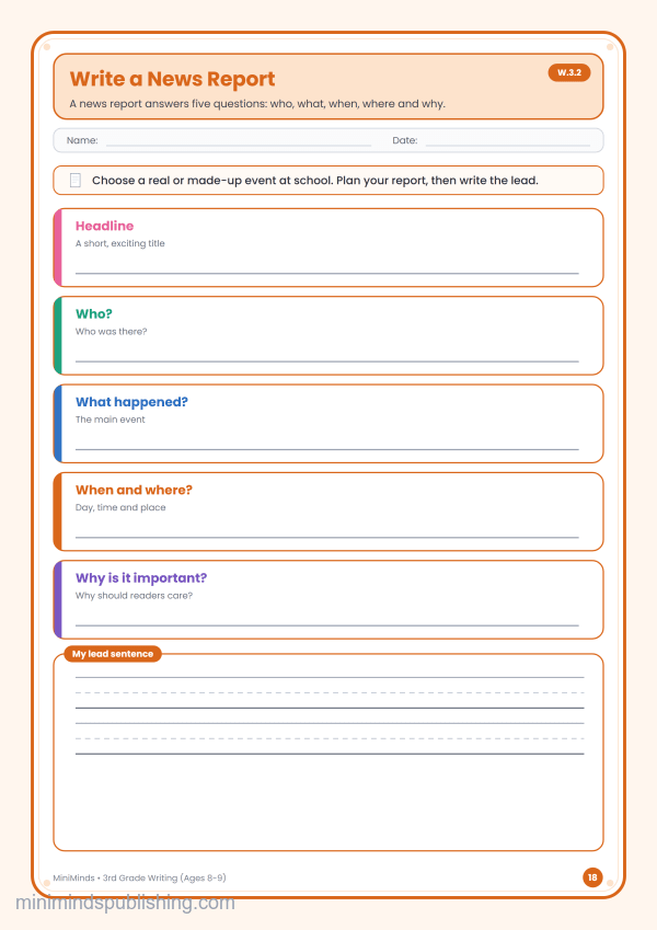 Write a News Report — free printable 3rd Grade writing worksheet for ages 8-9 (Common Core W.3.2)