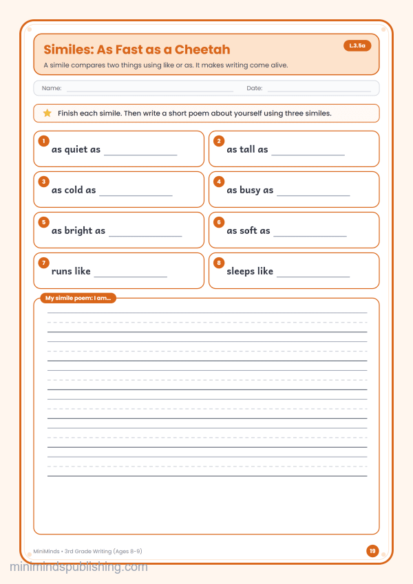 Similes: As Fast as a Cheetah — free printable 3rd Grade writing worksheet for ages 8-9 (Common Core L.3.5a)