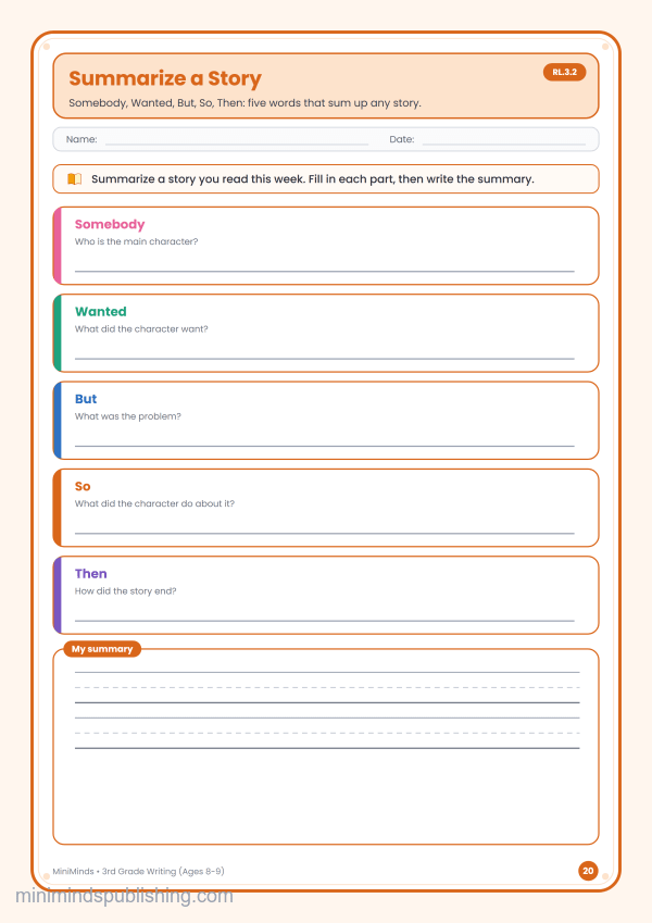 Summarize a Story — free printable 3rd Grade writing worksheet for ages 8-9 (Common Core RL.3.2)