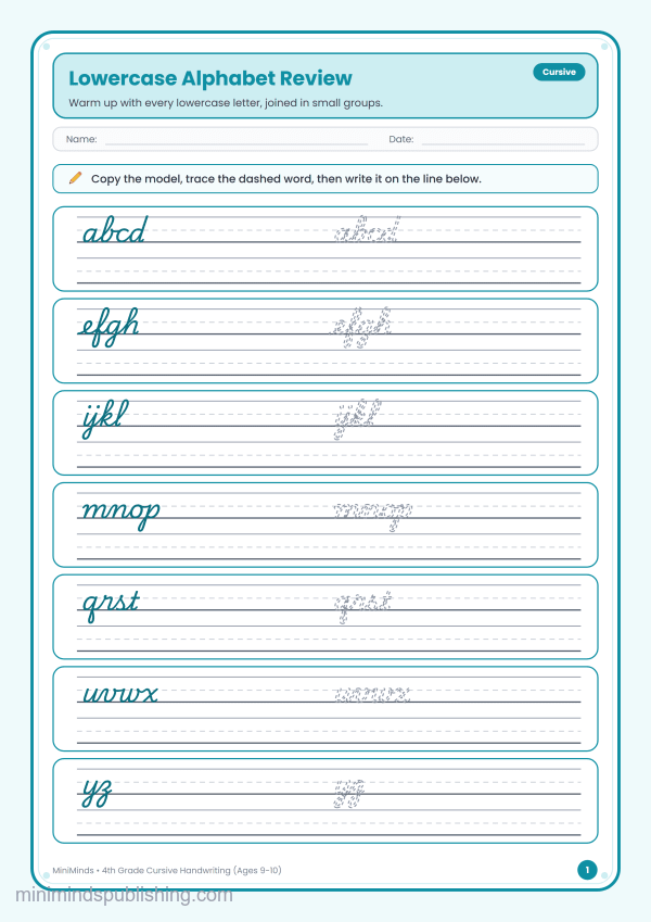 Lowercase Alphabet Review — free printable 4th Grade cursive handwriting worksheet for ages 9-10