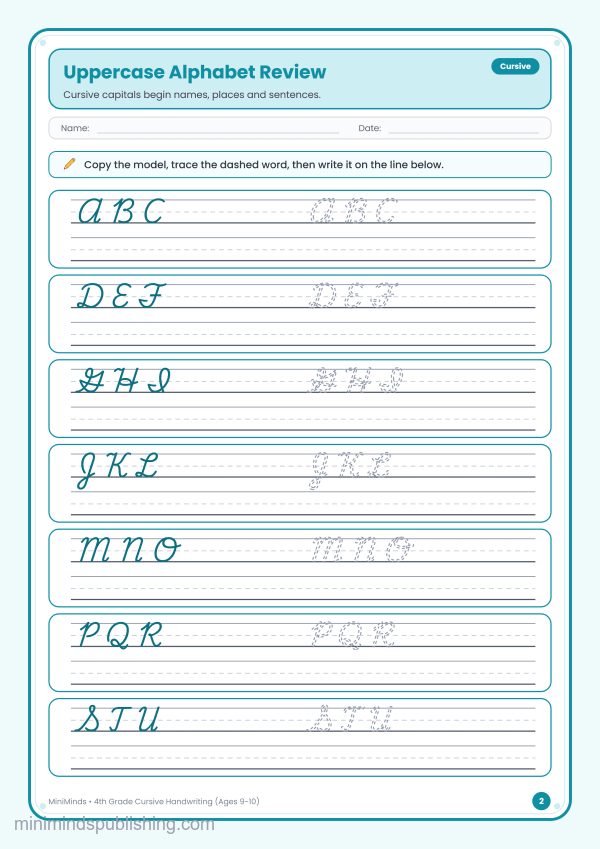 Uppercase Alphabet Review — free printable 4th Grade cursive handwriting worksheet for ages 9-10