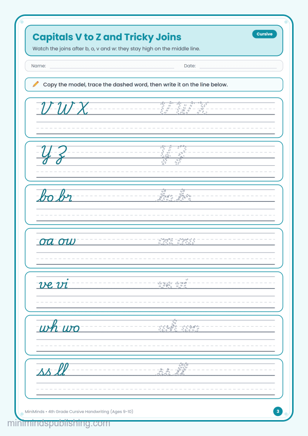 Capitals V to Z and Tricky Joins — free printable 4th Grade cursive handwriting worksheet for ages 9-10