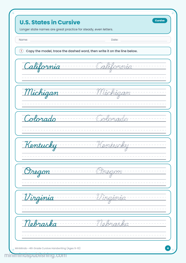 U.S. States in Cursive — free printable 4th Grade cursive handwriting worksheet for ages 9-10