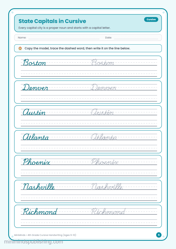 State Capitals in Cursive — free printable 4th Grade cursive handwriting worksheet for ages 9-10