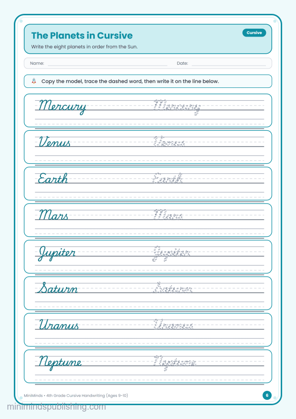 The Planets in Cursive — free printable 4th Grade cursive handwriting worksheet for ages 9-10