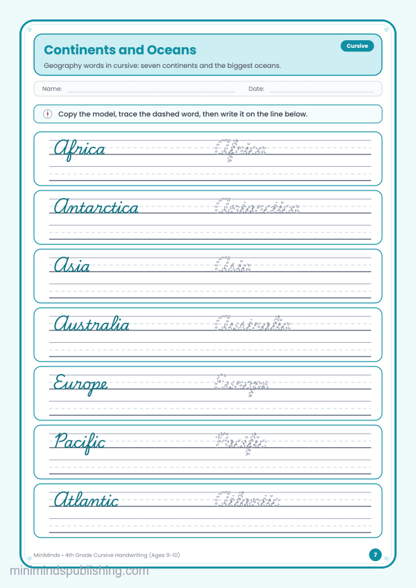 Continents and Oceans — free printable 4th Grade cursive handwriting worksheet for ages 9-10