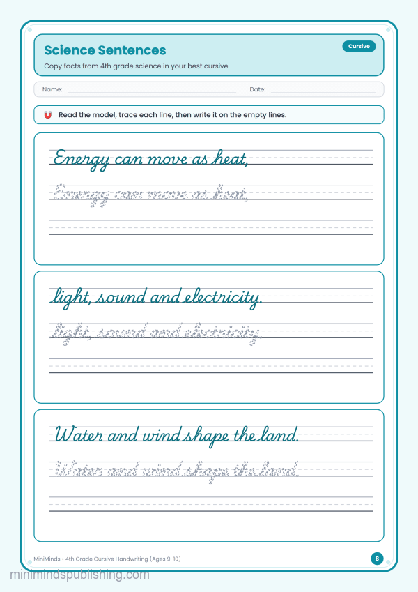 Science Sentences — free printable 4th Grade cursive handwriting worksheet for ages 9-10