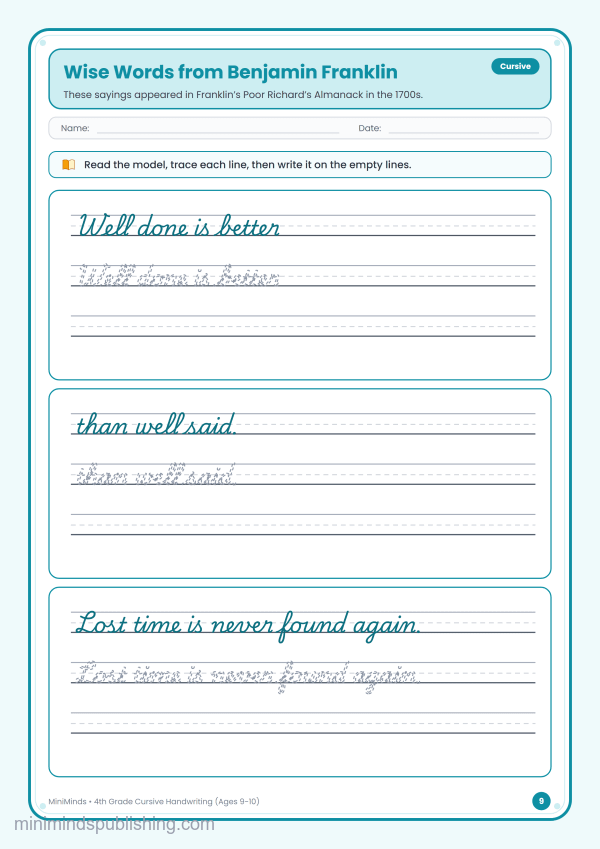 Wise Words from Benjamin Franklin — free printable 4th Grade cursive handwriting worksheet for ages 9-10