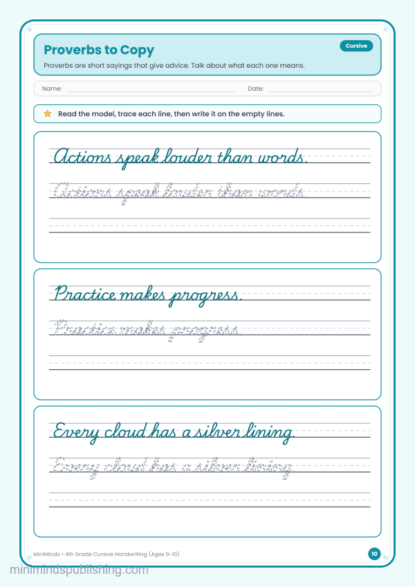 Proverbs to Copy — free printable 4th Grade cursive handwriting worksheet for ages 9-10