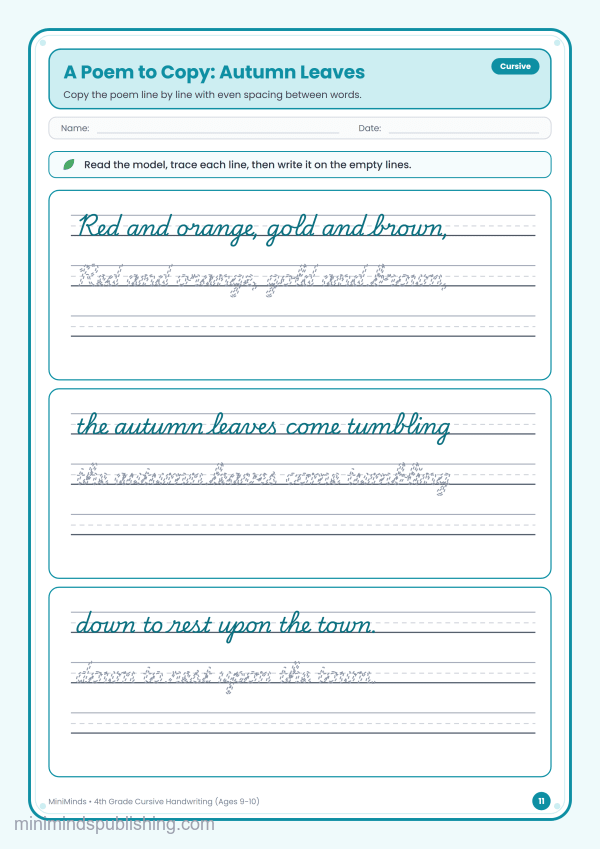 A Poem to Copy: Autumn Leaves — free printable 4th Grade cursive handwriting worksheet for ages 9-10