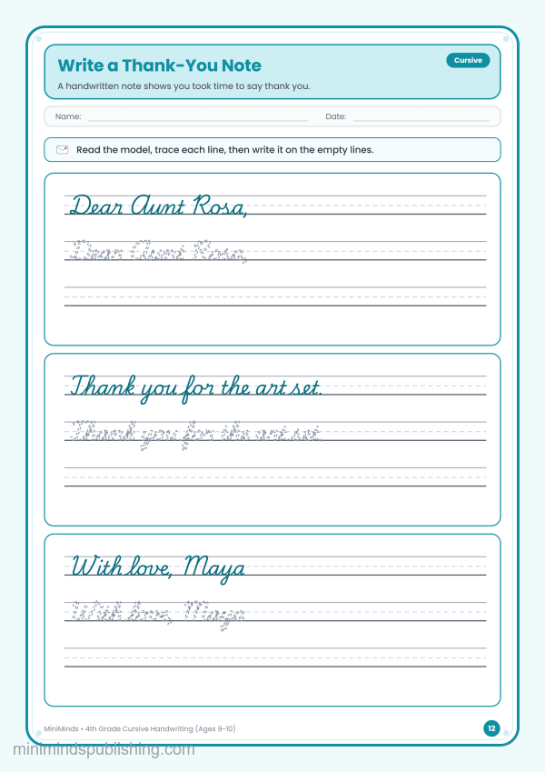 Write a Thank-You Note — free printable 4th Grade cursive handwriting worksheet for ages 9-10