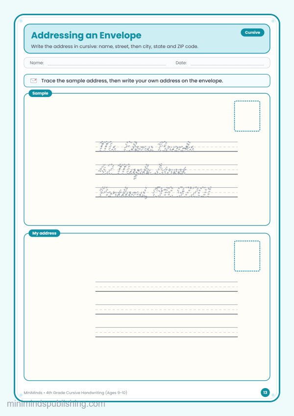 Addressing an Envelope — free printable 4th Grade cursive handwriting worksheet for ages 9-10