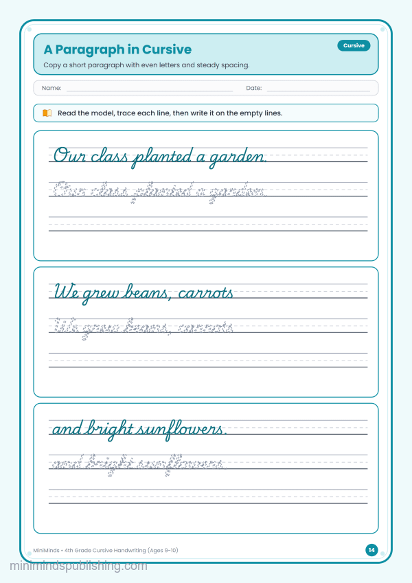 A Paragraph in Cursive — free printable 4th Grade cursive handwriting worksheet for ages 9-10