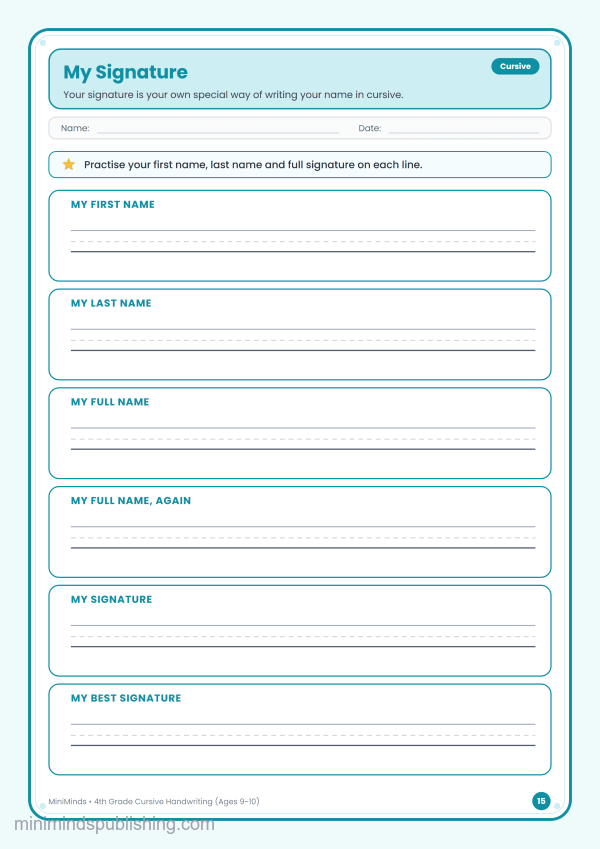 My Signature — free printable 4th Grade cursive handwriting worksheet for ages 9-10