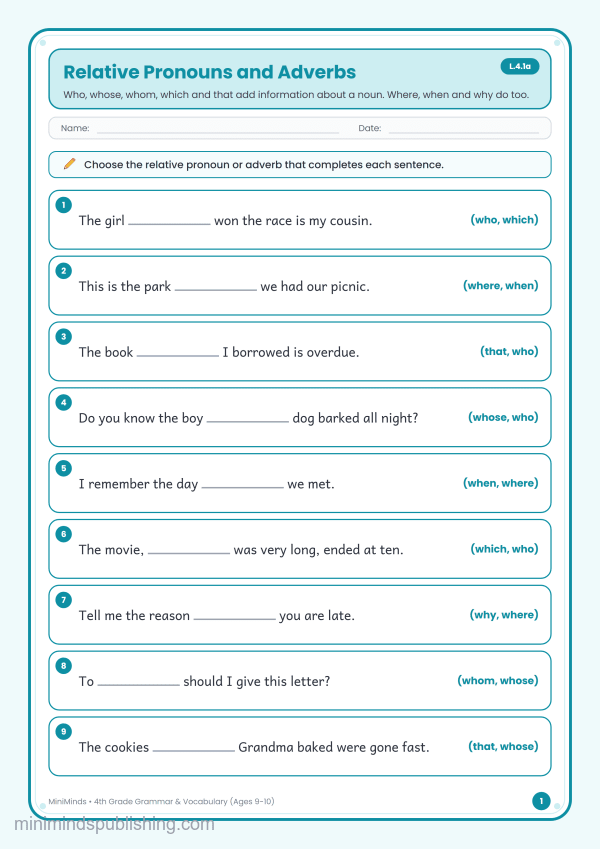 Relative Pronouns and Adverbs — free printable 4th Grade grammar & vocabulary worksheet for ages 9-10 (Common Core L.4.1a)