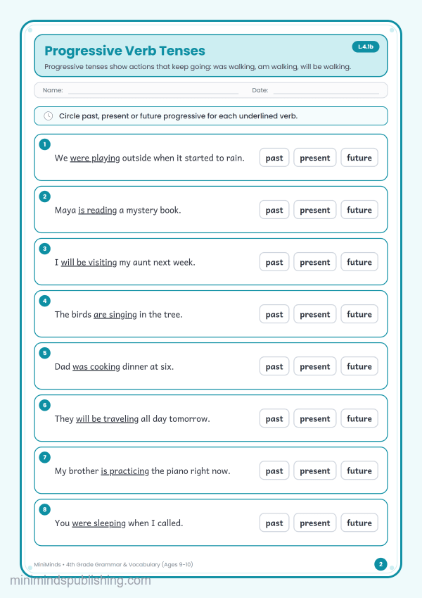 Progressive Verb Tenses — free printable 4th Grade grammar & vocabulary worksheet for ages 9-10 (Common Core L.4.1b)