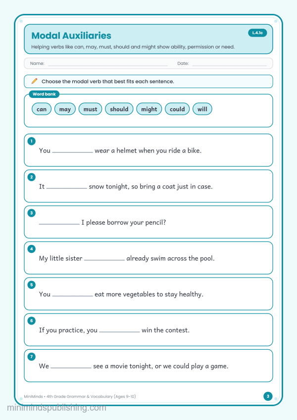 Modal Auxiliaries — free printable 4th Grade grammar & vocabulary worksheet for ages 9-10 (Common Core L.4.1c)