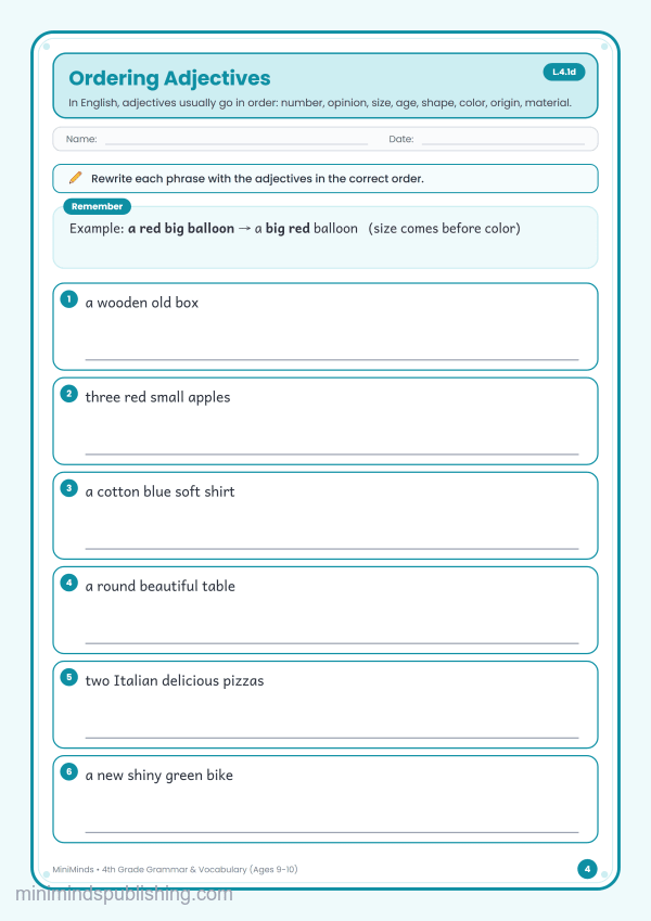 Ordering Adjectives — free printable 4th Grade grammar & vocabulary worksheet for ages 9-10 (Common Core L.4.1d)