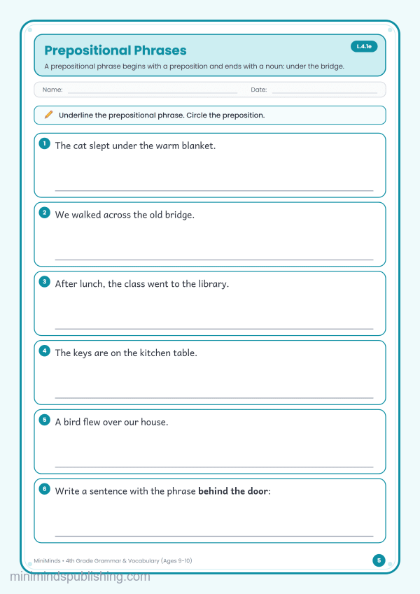 Prepositional Phrases — free printable 4th Grade grammar & vocabulary worksheet for ages 9-10 (Common Core L.4.1e)