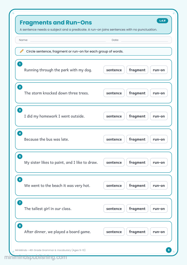 Fragments and Run-Ons — free printable 4th Grade grammar & vocabulary worksheet for ages 9-10 (Common Core L.4.1f)