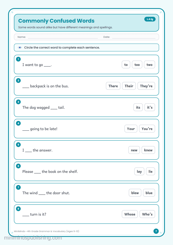 Commonly Confused Words — free printable 4th Grade grammar & vocabulary worksheet for ages 9-10 (Common Core L.4.1g)