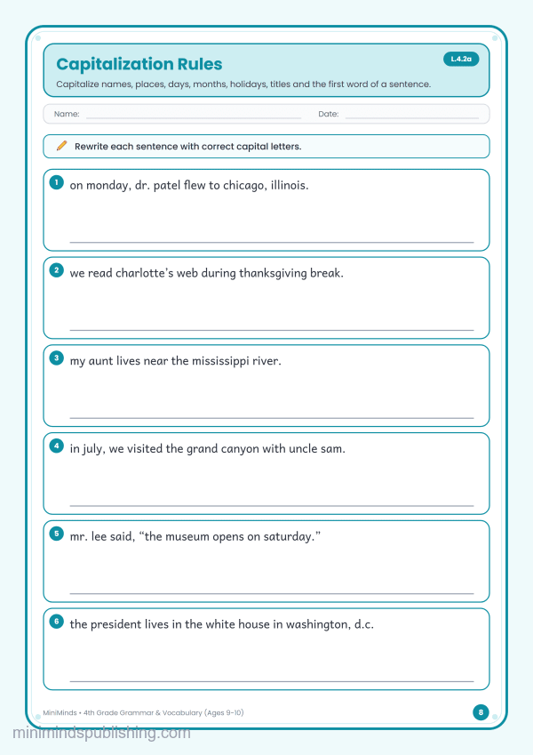 Capitalization Rules — free printable 4th Grade grammar & vocabulary worksheet for ages 9-10 (Common Core L.4.2a)