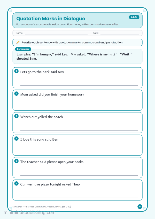 Quotation Marks in Dialogue — free printable 4th Grade grammar & vocabulary worksheet for ages 9-10 (Common Core L.4.2b)