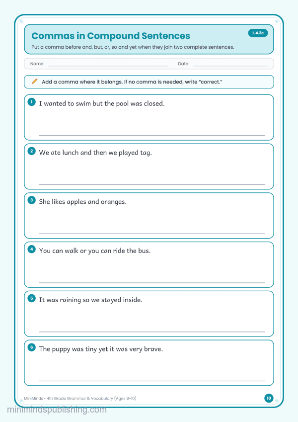 Commas in Compound Sentences — free printable 4th Grade grammar & vocabulary worksheet for ages 9-10 (Common Core L.4.2c)