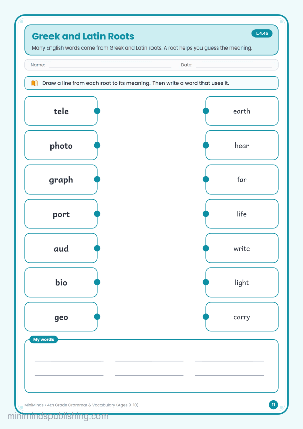 Greek and Latin Roots — free printable 4th Grade grammar & vocabulary worksheet for ages 9-10 (Common Core L.4.4b)
