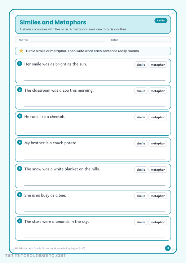 Similes and Metaphors — free printable 4th Grade grammar & vocabulary worksheet for ages 9-10 (Common Core L.4.5a)