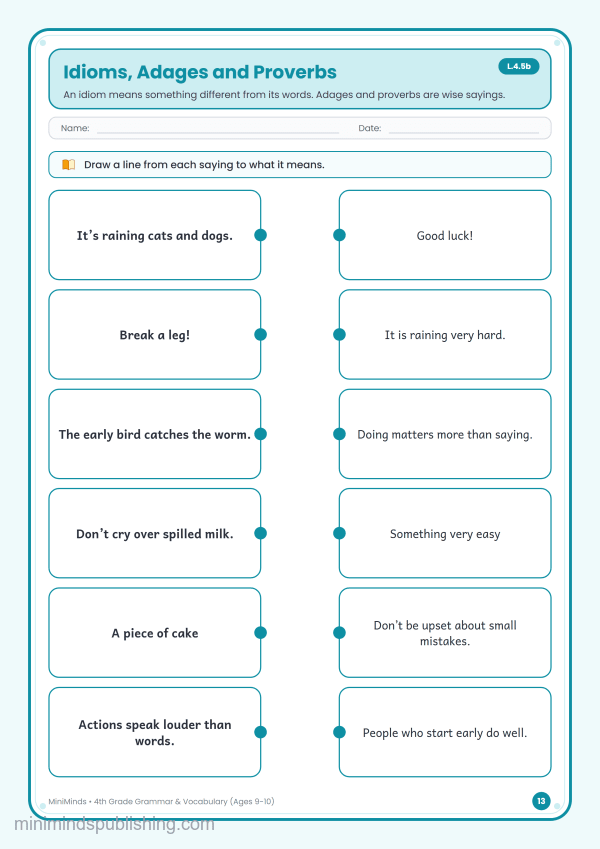 Idioms, Adages and Proverbs — free printable 4th Grade grammar & vocabulary worksheet for ages 9-10 (Common Core L.4.5b)