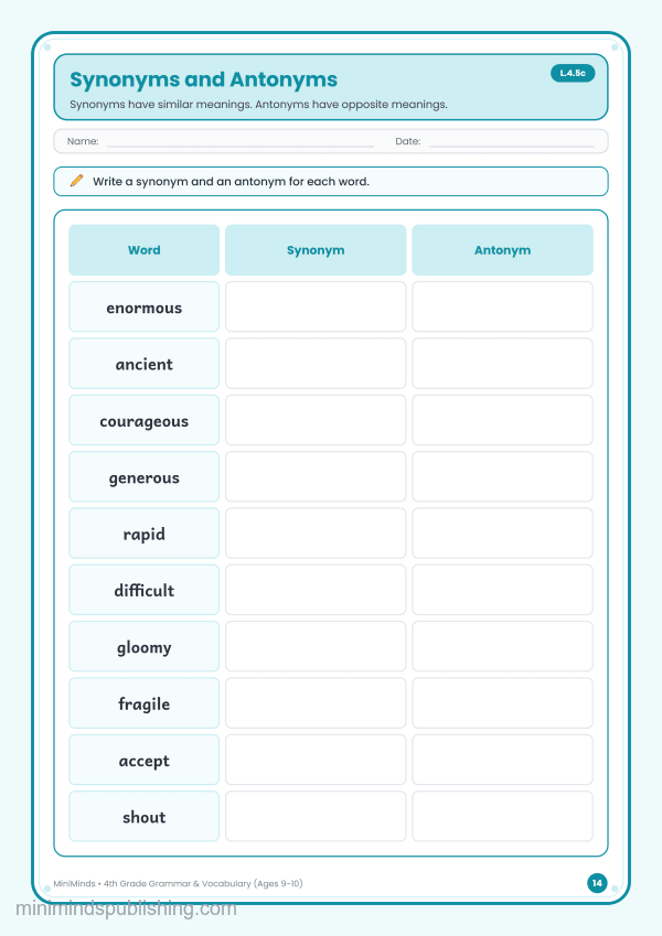 Synonyms and Antonyms — free printable 4th Grade grammar & vocabulary worksheet for ages 9-10 (Common Core L.4.5c)