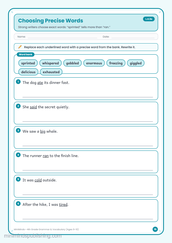 Choosing Precise Words — free printable 4th Grade grammar & vocabulary worksheet for ages 9-10 (Common Core L.4.3a)