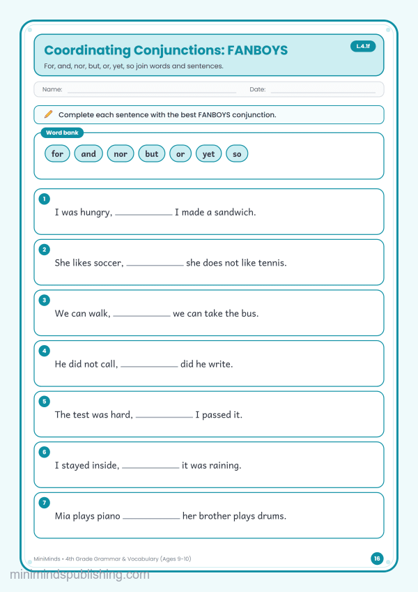 Coordinating Conjunctions: FANBOYS — free printable 4th Grade grammar & vocabulary worksheet for ages 9-10 (Common Core L.4.1f)